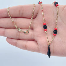 Load image into Gallery viewer, 18k Gold Filled Figaro Necklace: Black Figa, Red Beads, Azabache Protection