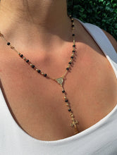 Load image into Gallery viewer, 18k Gold Filled Black Beaded Fashion Rosary with Angel and Cross, Trendy Religious Rosary