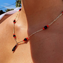 Load image into Gallery viewer, 18k Gold Filled Figaro Necklace Featuring Black "Figa", Red Beads, Simulated