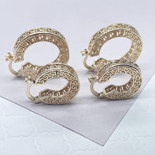 Load image into Gallery viewer, 18k Gold Filled Hoop Earrings: Geometric Roman Pattern