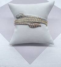 Load image into Gallery viewer, 18k Gold Filled Tri-Color Cuff Bangle: Textured Leaf Ends
