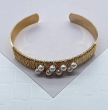 Load image into Gallery viewer, 18k Gold Filled Plain Cuff Bracelet Wrapped In Gold Thread And Pearls Detail,