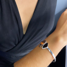 Load image into Gallery viewer, Silver Filled Cuff Bracelet: Brown & Black Stone with Cubic Zirconia