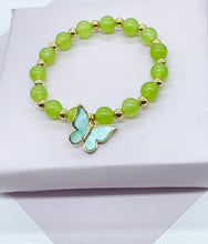Load image into Gallery viewer, 18k Gold Filled Bead Bracelet: Natural Stone & Butterfly Charm