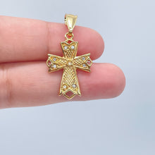Load image into Gallery viewer, 18k Gold Filled 1” Length Cross Pendant Charm with Cubic Zirconia, Religious Jewelry,