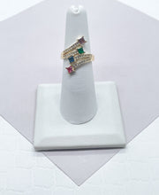 Load image into Gallery viewer, 18k Gold Filled Ring with 4 Multi Color Princess Cut Zirconia Stone Featuring Clear Micro Pave Cubic Zirconia Band Jewelry Supplie