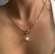 Load image into Gallery viewer, 18k Gold Filled Thin Paper Clip Necklace Lariat Featuring Pearl Toggle Closing