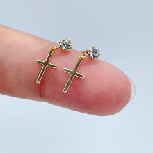 Load image into Gallery viewer, 18k Gold Filled Tiny Hanging Cross with Cubic Zirconia Stud Earrings Jewelry