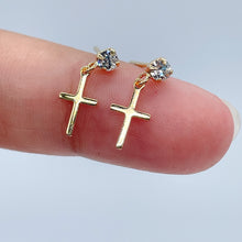 Load image into Gallery viewer, 18k Gold Filled Tiny Hanging Cross with Cubic Zirconia Stud Earrings Jewelry