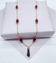 Load image into Gallery viewer, 18k Gold Filled Figaro Necklace: Black Figa, Red Beads, Azabache Protection