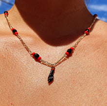 Load image into Gallery viewer, 18k Gold Filled Figaro Necklace Featuring Black "Figa", Red Beads, Simulated