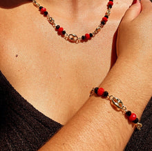Load image into Gallery viewer, 18k Gold Filled Puffy Mariner Link, Simulated Azabache, Red Shiny Bead Set, Protection Jewelry,