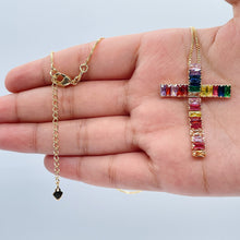 Load image into Gallery viewer, 18k Gold Filled Multi-Color Baguette Zirconia Flexible Cross Charm with Box