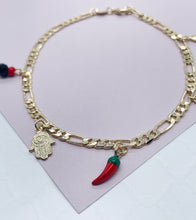 Load image into Gallery viewer, 18k Gold Filled 4mm Figaro Link Charm Anklet Featuring Hamsa, Simulated