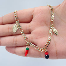 Load image into Gallery viewer, 18k Gold Filled Figaro Anklet: Hamsa, Azabache, Chili, Evil Eye Charms