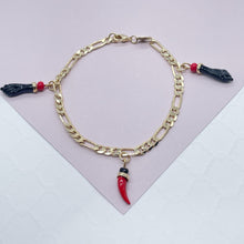 Load image into Gallery viewer, 18k Gold Filled Figaro Ankle Bracelet: Black Figa Hand & Chili Pepper Charms