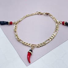 Load image into Gallery viewer, 18k Gold Filled Figaro Ankle Bracelet: Black Figa Hand & Chili Pepper Charms