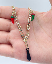 Load image into Gallery viewer, 18k Gold Filled Figaro Charm Bracelet: Black Figa Hand & Chili Peppers