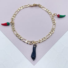 Load image into Gallery viewer, 18k Gold Filled Figaro Charm Bracelet: Black Figa Hand & Chili Peppers