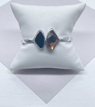 Load image into Gallery viewer, Silver Filled Cuff Bracelet: Brown & Black Stone with Cubic Zirconia