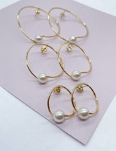 Load image into Gallery viewer, 18k Gold Filled Designed Thin Hoop Earring With Simulated Pearl