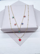Load image into Gallery viewer, Gold Filled Layered Necklace: Evil Eye & Red Enamel Heart Charm