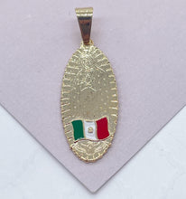 Load image into Gallery viewer, 18k Gold Filled Oval Shaped Our Lady of Guadalupe Pendant Featuring Mexican Flag Supplies