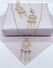 Load image into Gallery viewer, 18k Gold Filled Dream Catcher Jewelry Set With Earrings And Necklace Featuring Pearls Details
