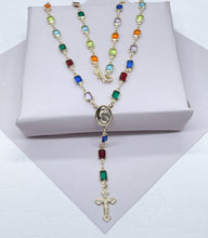 Load image into Gallery viewer, Trendy 18k Gold Filled Rosary Featuring Multi Colored Acrylic And Gold Crucifix Cross