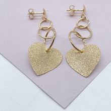 Load image into Gallery viewer, 18k Gold Filled Rough Matte Flat Heart Dangling Earrings