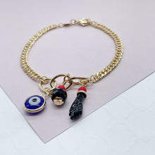 Load image into Gallery viewer, 18k Gold Filled Cuban Link Charm Bracelet: Blue Evil Eye & Figa