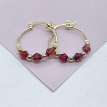 Load image into Gallery viewer, 18k Gold Filled Thin Hoop Earrings With Diamond Shape Maroon Acrylic And Mini Gold Beads