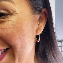 Load image into Gallery viewer, 18k Gold Filled Thin Hoop Earrings With Diamond Shape Maroon Acrylic And Mini Gold Beads