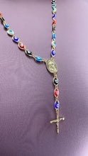 Load image into Gallery viewer, 18k Gold Filled 24” long Colorful Evil Eye Rosary Style Necklace Featuring Our