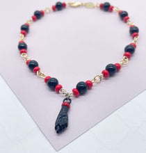 Load image into Gallery viewer, 18k Gold Filled Beaded Anklet: Black Figa Charm, Good Luck Protection
