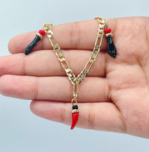 Load image into Gallery viewer, 18k Gold Filled Figaro Ankle Bracelet: Black Figa Hand & Chili Pepper Charms