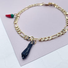 Load image into Gallery viewer, 18k Gold Filled Figaro Charm Bracelet: Black Figa Hand & Chili Peppers