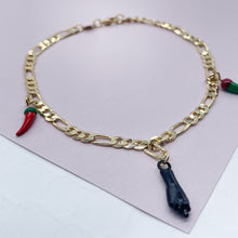 Load image into Gallery viewer, 18k Gold Filled Figaro Anklet: Black Figa Hand, Chili Charms