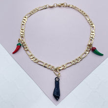 Load image into Gallery viewer, 18k Gold Filled Figaro Anklet: Black Figa Hand, Chili Charms