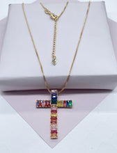 Load image into Gallery viewer, 18k Gold Filled Multi-Color Baguette Zirconia Flexible Cross Charm with Box