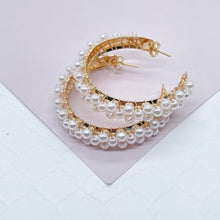 Load image into Gallery viewer, 18k Gold filled Hoop Earrings Featuring A Wire Wrap of Pearls Around The Hoop