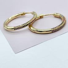 Load image into Gallery viewer, 18k Gold Filled Hoop Earrings: Colorful Pave Cubic Zirconia, 1" Diameter