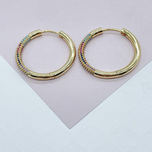 Load image into Gallery viewer, 18k Gold Filled Hoop Earrings: Colorful Pave Cubic Zirconia, 1" Diameter