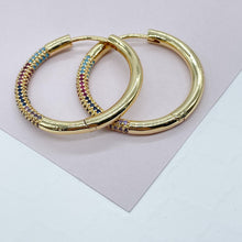Load image into Gallery viewer, 18k Gold Filled Hoop Earrings: Colorful Pave Cubic Zirconia, 1" Diameter