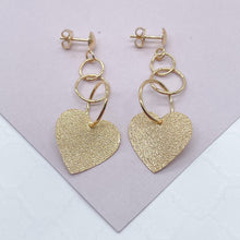 Load image into Gallery viewer, 18k Gold Filled Rough Matte Flat Heart Dangling Earrings Wholesale Jewelry