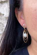 Load image into Gallery viewer, 18k Gold Filled Double Stacked Hoop Earrings Featuring Simulated Pearl Dangling In The Middle