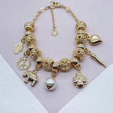 Load image into Gallery viewer, 18k Gold Filled Lucky Charms Featuring Hamsa Clover Elephant Chili Pearl Peace Sign