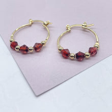 Load image into Gallery viewer, 18k Gold Filled Thin Hoop Earrings With Diamond Shape Maroon Acrylic And Mini Gold Beads