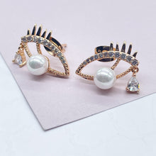 Load image into Gallery viewer, 18k Gold Filled Evil Eye Earring With Pearl Ball Eye And Teardrop Cubic Zirconia Stone