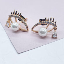 Load image into Gallery viewer, 18k Gold Filled Evil Eye Earrings: Pearl & Cubic Zirconia